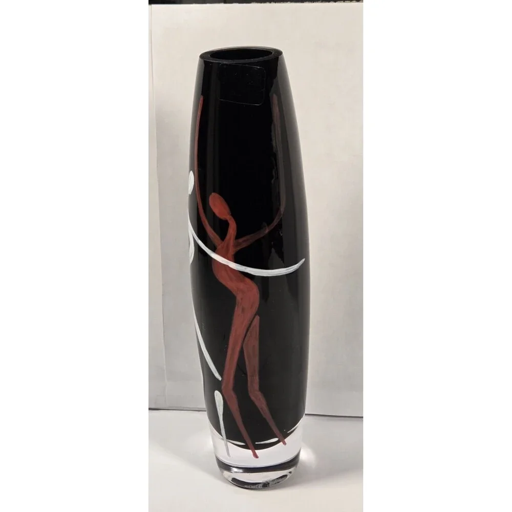 vintage Sasaki Bacchanal Art Glass Vase 11 3/4” Poland Black Hand Painted w/ Box